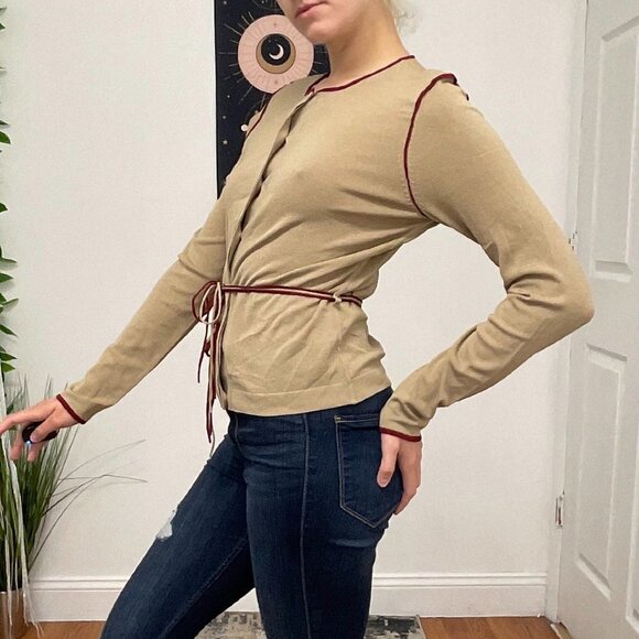 White + Warren Crew Neck Button-Up Cardigan Sweater Tie-Waist Size S Tan - Picture 8 of 15